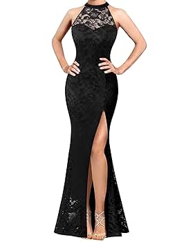 VIP【関税送料無料】希少 Sportmax Naro Long Dress VFSHOW Womens Black Floral Lace Halter Neck High Zipper Slit